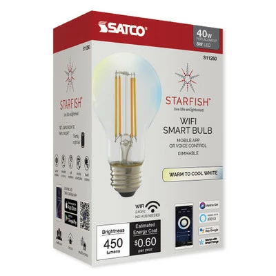 SATCO Starfish Wi-Fi 5W LED A19 Clear Tunable White Filament Bulb 2 SATCO Starfish Wi-Fi 5W LED A19 Clear Tunable White Filament Bulb - Image 2